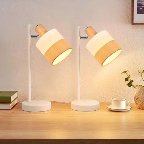 CBJKTX Tischlampe Wohnzimmer Nachttischlampe Holz 2er Set E14 | Tischleuchte Vintage Nachttischleuchte Stoff Kabel Drehbar Bettlampe Retro Nachtlampe Schlafzimmer ohne Leuchtmittel