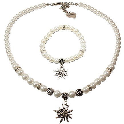 Conjunto de joyas traje tradicional collar de perlas y pulsera Edelweiss - collar para señoras, pulsera de perlas con pedrería Edelweiss pequeña, Oktoberfest Dirndl joyas (crema-blanco)