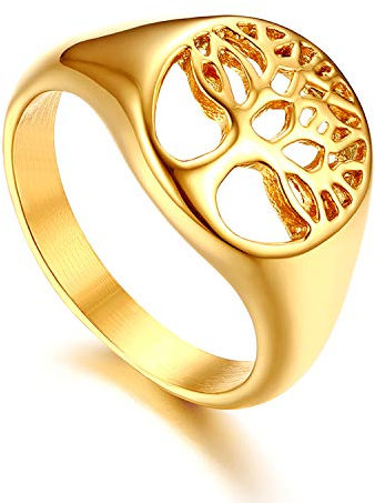 Flongo Herrenring Männer Damenring Siegelring Bandring Ringe, Edelstahl Biker Siegel Ring Gold Golden Baum des Lebens Tree of Life Partnerringe Verlobung Herren-Accessoires Größe 65