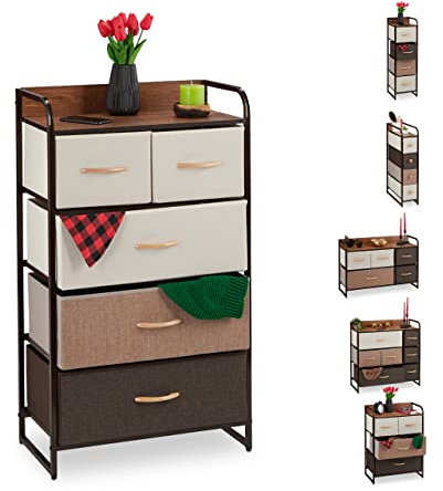 Relaxdays Kommode, 5 Schubfächer, mit Ablage, 5 Faltkörbe, Stoff, Stahlrahmen, 100 x 58 x 31,5 cm, Braun