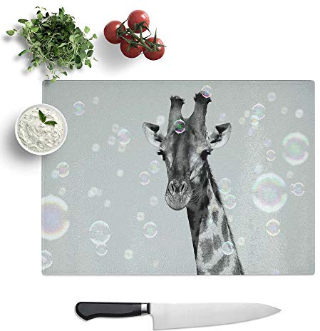 Glass Chopping Board, Giraffe Through The Bubbles, 39x28.5 cm | Textured Glass Worktop Saver with Non-slip Feet, Hygienic Cutting and Serving Board for Protecting Kitchen Surfaces