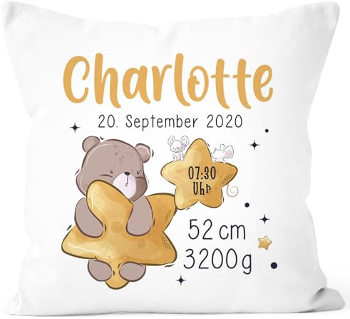 SpecialMe® personalisierbarer Kissen-Bezug zur Geburt Bär Stern Geburtskissen Namenskissen Geschenk Geburt Baby Weiss 40cm x 40cm