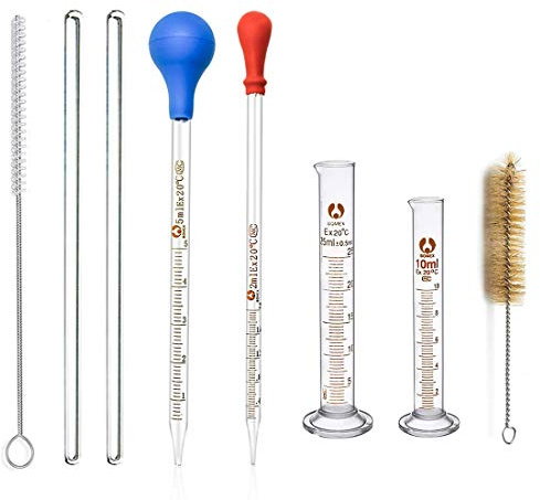 Glas Pipetten Glasmesszylinder Set, JESSTOLO 2 Stücke Große Silikagel Messpipetten Pipetten 2ml 5ml, 2 Stück Graduierten Glasmesszylinder 10ml 25ml, mit 2 Stück Waschbürste und Glas Rührstab | Borosilikatglas Tropfpipetten Pipetten Meßzylinder mit 2 Waschbürste, 2 Glasstab, für Labor, ätherische Öle, DIY Kosmetik