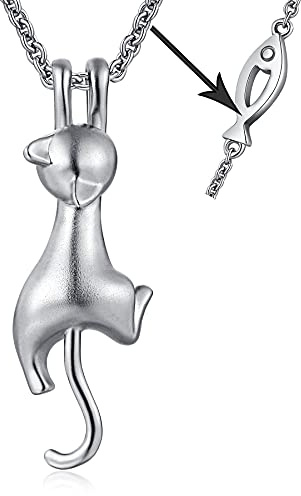 jiamiao Katthalsband för kvinnor och damer, katt- och fisk-halsband, katt, måne, halsband, sterling silver, kattsmycken för kvinnor, flickor, två katter, hänge, Sterlingsilver