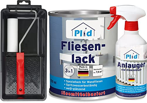 PLID® Fliesenfarbe Badezimmer & Küche [FEUCHTIGKEITSBESTÄNDIG]- Fliesenlack Weiß 0,75l fürs Bad - Fliesen neu streichen & lackieren im Innenbereich - 3in1 Fliesen Farbe Lack - Made in Germany Set