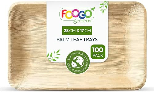 FOOGO Green 100 Disposable Palm Leaf Serving Trays | Medium Deep 11x7 inch (28x17cm)|Platters Starters Wedding Parties |Like Wooden Plates, Hot Food Trays |Eco Friendly Biodegradable Food Trays