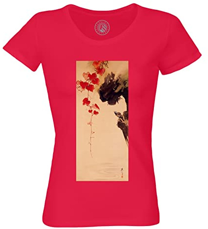 T-Shirt Femme Col Rond Estampe Japonaise 18 Petit Oiseau et Feuilles de Lierre Rouge Art Délicat Original Vintage