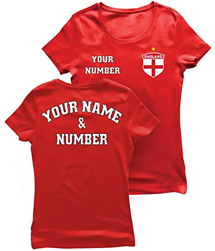lepni.me Dam t-shirt England Fotbollströja med Ditt Namn och Nummer - England Flaggmärke Personlig Retro Anpassad topp VM 2022 Fotbolls EM Fans (L Röd Flerfärgad)