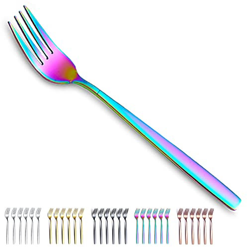 Rainbow Dinner Forks 6 Pieces, Kyraton Titanium Rainbow Plated Stainless Steel 19.5cm Table Forks Cutlery Forks Set, Silverware Set, Dishwasher safe.