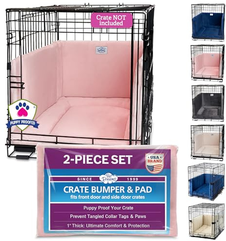 Pet Dreams Dog Crate Bumper & Mat Set- Patented Comfy Liner & Dog Tail Protector for Inside Crate, fits iCrate Cages 18, 24, 30, 36, 42, 48 Inches (Pink, X-Small, 18“)