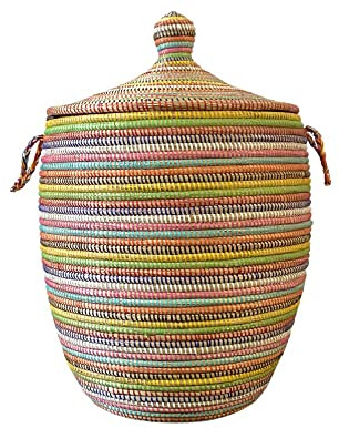 Wäschekorb Afrika - S/M/L/XL/XXL - Das Original aus dem Senegal - Afrikanischer Flechtkorb mit Deckel - Fair Trade Korb für Bade- / Wohn- & Kinderzimmer (L, Stripes Bunt)