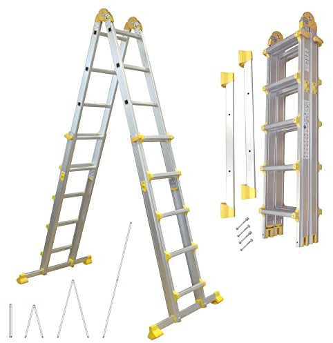Lemodo, Mehrzweckleiter, 4-teilig, Alu-Leiter 4,6 m, klappbar, Teleskopleiter, Anlegeleiter & Stehleiter, bis 150 kg, Antirutschprofil, gummierte Füße, für Haushalt & Garten, für Heimwerker daheim