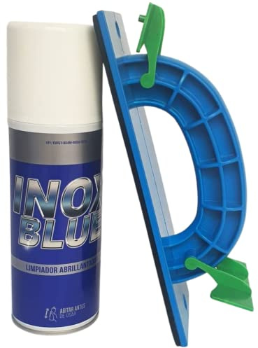 Limpiador Acero Inoxidable INOX BLUE MAS APLICADOR- Elimina Grasa y Suciedad en Superficies - Ideal para Cocina, Ascensores- Spray 400 ML + Paleta y 2 Gamuzas