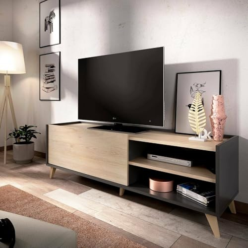 Dmora - Meuble TV Asinara, Buffet Bas de Salon, Buffet de Salon pour télévision, 155x43h47 cm, Chêne et Anthracite