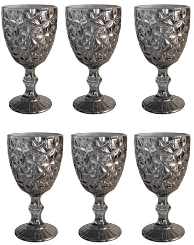 Lot de 6 verres à vin colorés vintage avec gaufrage (cristal de glace/noir/300 ml), verres à boisson, verres de mariage, verres à champagne, carafe, coupe à dessert, verre à boire, verre à vin, verre