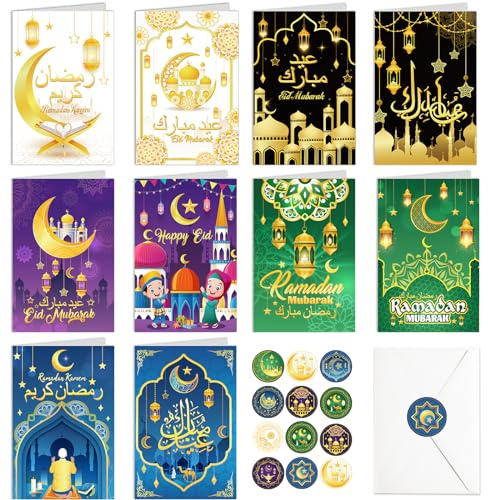 DPKOW 20 Stück Eid Karten Ramadan Mubarak Grußkarten, Eid Mubarak Karten Happy Eid Glückwunschkarten mit Umschlägen Eid Mubarak Sticker für Kinder Familie Eid Mubarak Geschenke Ramadan Geldgeschenk