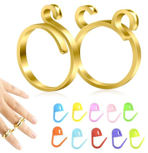 Irikdescia 2 Stück Geflochtener Strickring, Verstellbarer Häkelring für Finger, mit 10 Zufällig Verschlussmaschenmarkierungen, Einzel- und Doppelringe, für Stricken, Basteln (Gold)