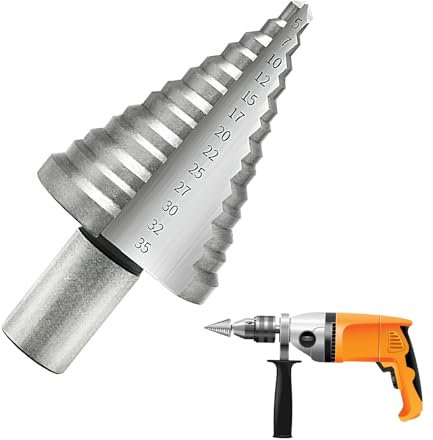 1 pcs Broca Escalonada 5-35mm, 13 Pasos, Broca Cónica HSS Titanio con Vástago Triangular, Acero de Alta Velocidad para Taladrar en Acero, Madera, Latón, Aluminio, PVC (Plateado)