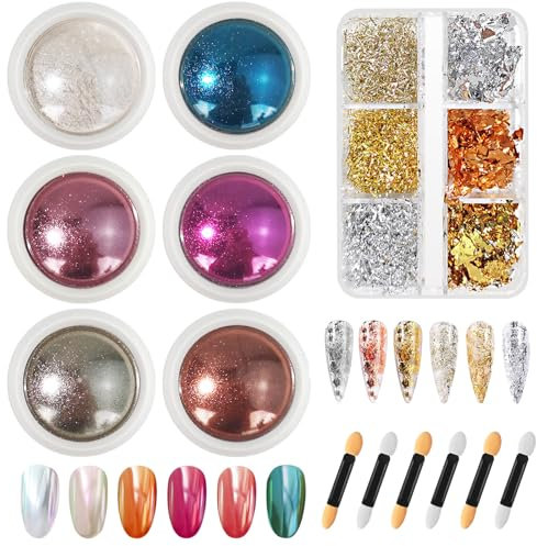 HavaCue 6 Farben Chrome Nail Powder Set, Crome Pulver Nägel für Neonail Glassy Pearl Effect, Chrom Puder Nägel mit Schwammstäbe, Gold Folie für Nagelkunst, DIY Nails Design Art(Weiß, Silber, Pink Usw)