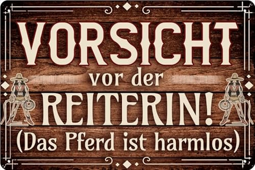 30 x 20 cm – Wetterfestes Pferdeschild, Pferde Deko Schild, Lustiger Spruch für Pferdebesitzer (Vorsicht vor der Reiterin – das Pferd ist harmlos!)