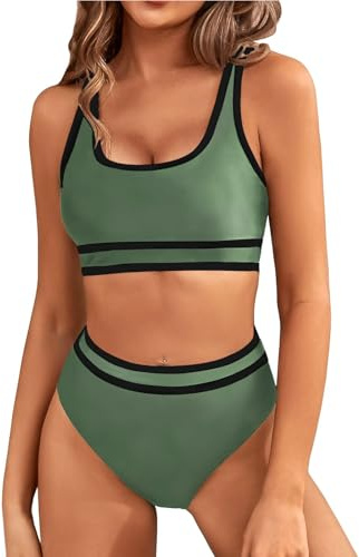 Genfien Bikini Sets für Damen Sport High Waist Colour Block | Bademode Push Up,Bauchkontrolle,Zweiteiliger Badeanzug