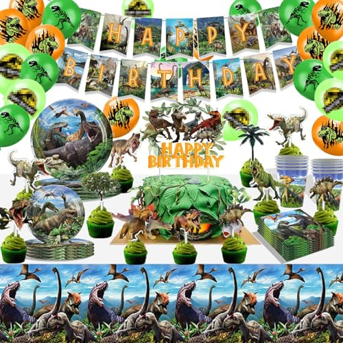 Dino geburtstag deko,Dinosaurier Geburtstag deko,83Pcs Dino Gebutstag party geschirr set,Partygeschirr geburtstagdeko,Dino party、Banner、Tischdecke .