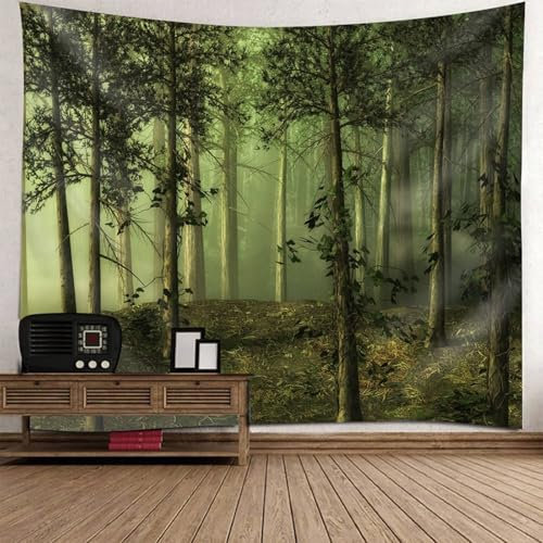 Musihy Wald Wandbehang Wandteppich | Polyester Nebliger Wald Wandbehang Dekoration für Wohnzimmer Schlafzimmer & Schlafsaal | Dunkelgrün, 350x256cm