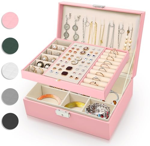 Eucomir Schmuckkästchen für Damen,Große Schmuckaufbewahrung 2-Schichtige Reise Schmuckschatulle PU-Leder Schmucketui für Ringe,Armbänder,Ohrringe,Halsketten,Hellrosa