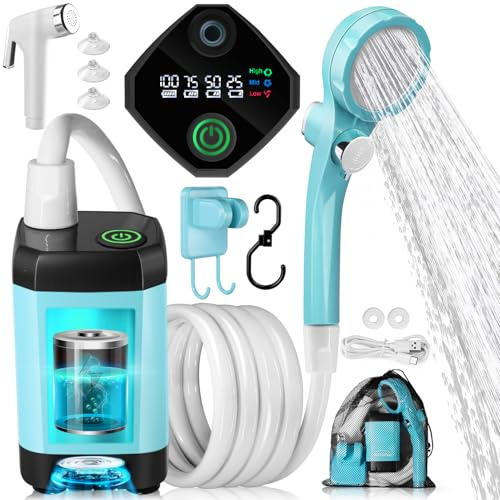 AUTOPkio Doccia da Campeggio, Doccia Portatile Campeggio con Batteria Ricaricabile, Esterna Pompa con Display Intelligente per Viaggi, Spiaggia, Animali, Auto (Blu)