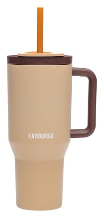 Kambukka Rio 950ml Gobelet Isotherme avec Paille Télescopique - Acier Inoxydable, Boissons Froides +24 h, Sans BPA, Poignée de Transport, Compatible Lave-Vaisselle - Rêve Amande