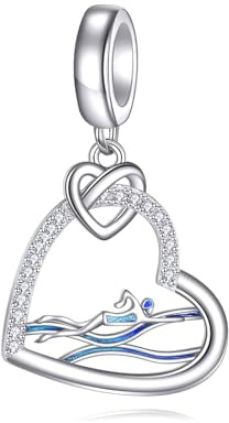 HUKKUN Simning motiv smycken för handled silver hjärta simmare charm pärlor perfekt som present till simteamet, Sterlingsilver