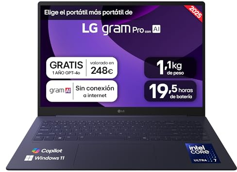 LG gram 16Z90TP-K.AD88B Ordenador Portátil 16 Pulgadas, Intel Core Ultra7 255H, 32 GB RAM, 1TB SSD, Pantalla OLED Antirreflejo, WQXGA, 1.199 g, 19.5 Horas, W11 Home, Negro, Teclado QWERTY Español