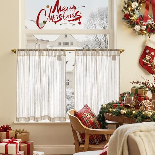 TOPICK Voile Striped Net Kitchen Curtains Flax Texture 24 Inch Drop Sheer Light Filtering Cafe Curtains Short Curtain Tiers for Bathroom Living Room Small Windows Cupboard Rod Pocket 2 Panels Crude