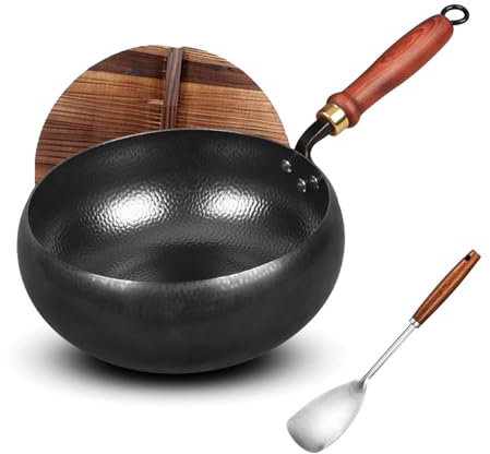 WYDDSX Japanische Eisenpfanne Mit Holzdeckel,Eisenpfanne Geschmiedet,Handgeschmiedete Antihaftbeschichtete Eisenpfanne Ohne,Beschichtung Langlebig Und Rostfrei (24 cm)