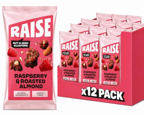RAISE Nut & Seed Cluster Bites | High Fibre, Protein Snack | Raspberry & Roasted Almond (12 x 35g) | Gluten Free, Vegan