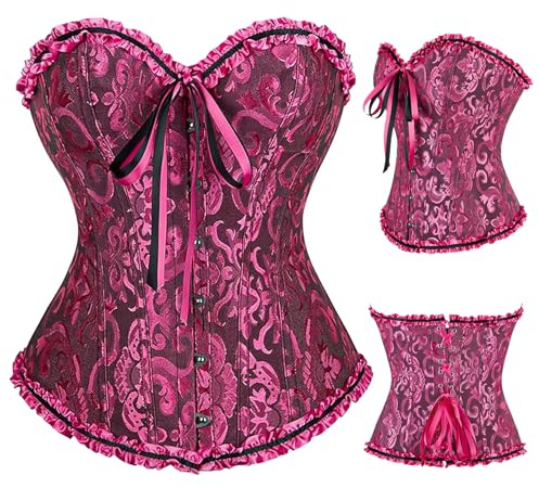 SilverChry Corset Femme, Broderie Bustier Classique, Sexy Steampunk Gothique Bustier Top,Corsage Ventre Plat Corset Top (FR/ES, Alpha/lettres, Moyen, Taille normale, Taille normale, Rouge Rosé)