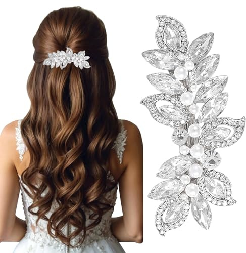 LunarCharm Rhinestone Hair Clips with Pearl, Silver Bridal Hair Accessories for Women, Sparkling Crystal Hair Pins, Leaf-Shaped Hair Clips for Weddings, Brides, Long Hair