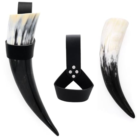 Lot de 2 tasses Vikinges en forme de corne à boire avec étui en cuir - Tasse à bière médiévale Renaissance - Costume d'Halloween et cosplay
