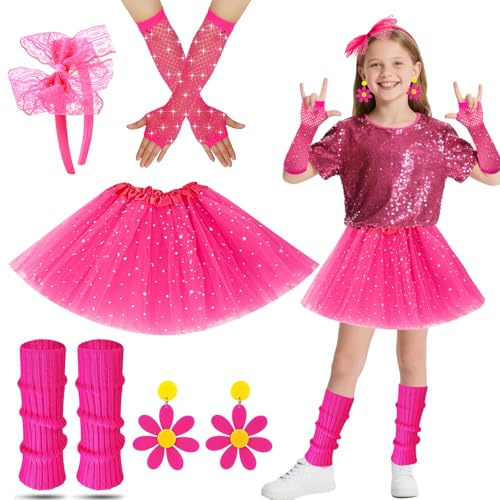 AffeGifts 80er Jahre Outfit Kinder, Stulpen Pink Kinder 80er Jahre Outfit für Mädchen mit Tutu Rock Fishnet Handschuhe Ohrringe Stirnband Mädchen Party Kleid für 80er 90er Jahre Disco Party Cosplay ﻿