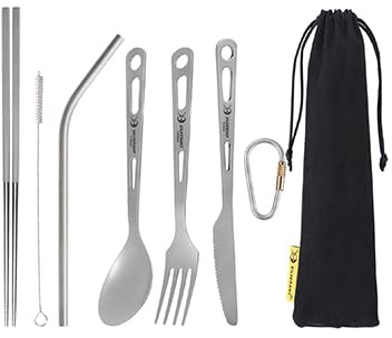 SILVERANT Titan-Besteckset, leichtes Camping-Utensilien-Set, inklusive wiederverwendbarem Messer, Gabel, Löffel, Essstäbchen und Strohhalm für unterwegs und das Homeoffice (213 Plus – sandgestrahlt)