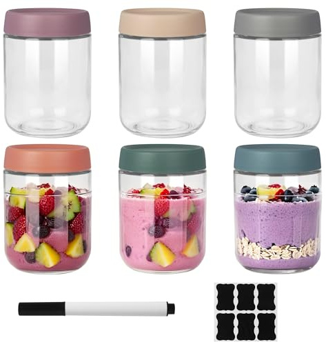 6 Tarros de Cristal con Tapa, 500ML Overnight Oats Jar, Tarros de Cristal con Tapa Hermética, Mason Jars Tarros de Yogur, Tarros de Vidrio Cocina Almacenaje, para yogur, Avena Durante La Noch.ect