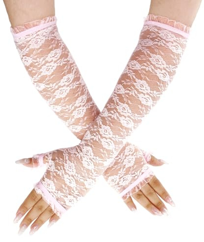 Spitzenhandschuhe für Damen, lange fingerlose UV-Schutz Damenhandschuhe, 1920er Jahre Verlobungskleid Elegant Tee Party Tanz Handschuhe für Halloween, Hochzeit, Abschlussball, Oper, Teepart (Pink)
