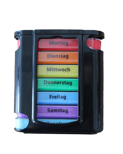 KAMACA 1 pack (= 1 styck) praktisk medicindoserare 7 dagar med 4 fack per dag, pillerlåda, tablettlåda, veckodoserare (set om 1 – 1 vecka – svart)