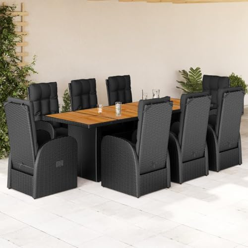 QJBSAVVA 9-TLG. Garten-Essgruppe Schwarz 240 x 90 x 75 cm, verstellbare Poly-Rattan-Sessel mit Akazienholz-Tisch, Robustes Outdoor-Möbelset für Terrasse Balkon Campingplatz