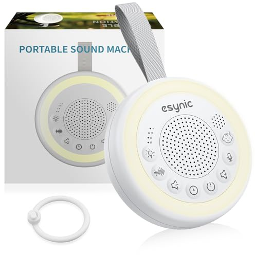 eSynic Macchina Rumore Bianco con Rilevamento del Pianto, 24 Suoni Rilassanti, Luce Notturna Colorata Regolabile, Durata 60+ Ore, Funzione Timer e Memoria, con Ciondolo per Lettino Passeggino Auto