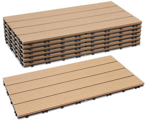 Peviasot WPC-kakel, 30 x 60 cm, terrassplattor, klickplattor, balkongplattor i träutseende, väderbeständiga plattor med dräneringsfunktion, terrass balkong, trädgård, teak (36 stycken = 6㎡)