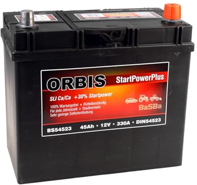 Orbis BS54523 12 V 45 Ah Starterbatterie – wartungsfrei, gefüllt & geladen, zuverlässige Kaltstartleistung 330 A, robuste Ca/Ca-Technologie für Pkw ohne Start‑Stop | BaSBa 4918