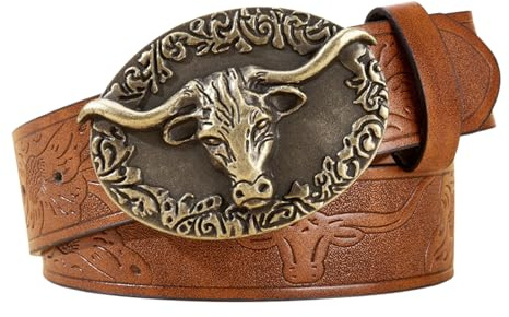 Novocloud Cintura Western Uomo in Pelle Marrone, Cintura Occidentale Western Cowboy Cowgirl Incisione Floreale Longhorn Bull da Uomo cintura in Vita con Fascino Retrò per Jeans