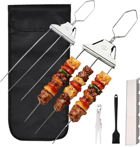 3-Way Stainless Steel BBQ Skewers, 3-Prong Kebab Skewers with Push Bar Slider, Reusable Meat Fork for BBQ, Chicken Sausages and Veggie Sticks, Dishwasher Safe Barbecue Accessories (2Pcs)
