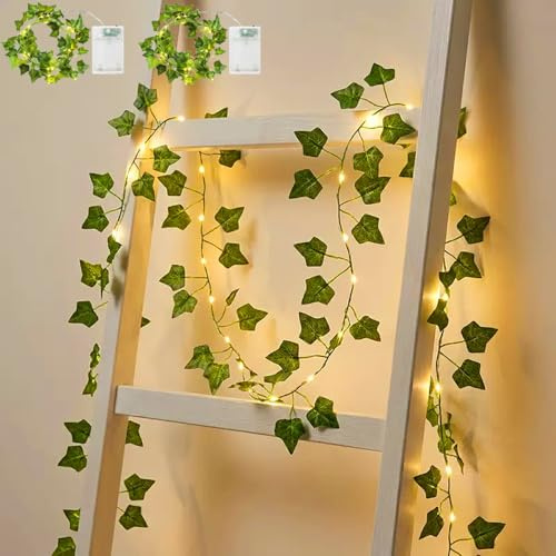MUCHER Ghirlanda di edera artificiale con 20 LED, funzionamento a batteria, con luci finte, per casa, cucina, giardino, ufficio, matrimonio, decorazione da parete (2 m, confezione da 2 pezzi)